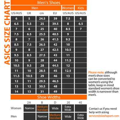 asics running shoes chart